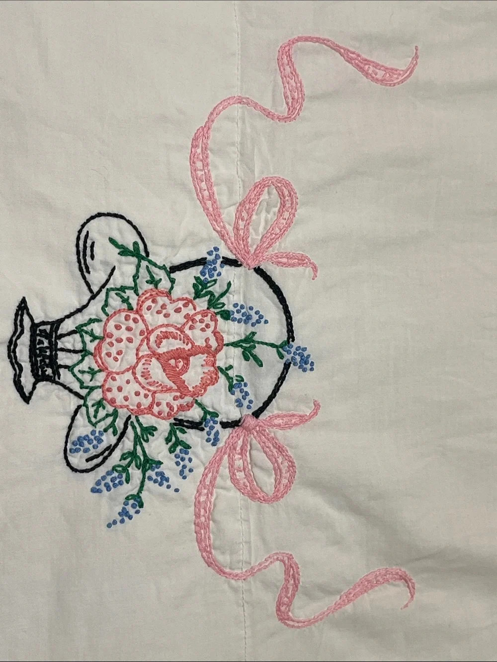 Beautiful VTG- Hand Embroidered Queen Set Pillowcases-Flower Basket,Ribbon Motif